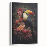 Framed canvas wall art featuring a vibrant tropical bird design in lush colors, showcasing a side view against a white background, perfect for home decor.