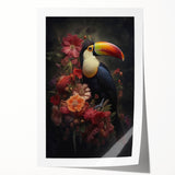 Vibrant tropical bird wall art print showcasing colorful parrots and exotic foliage, perfect for brightening up any space. Ideal for nature enthusiasts and home decor.