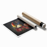 Vibrant tropical birds wall art design featuring colorful parrots and exotic foliage on a rolled print, perfect for adding a lively touch to home decor.