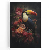 Vibrant tropical birds wall art on stretched canvas, showcasing colorful feathers and intricate details, perfect for brightening any living space or office decor.
