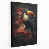 Stretched canvas wall art featuring a vibrant tropical bird design with lush green leaves, perfect for adding a pop of color to any room decor.