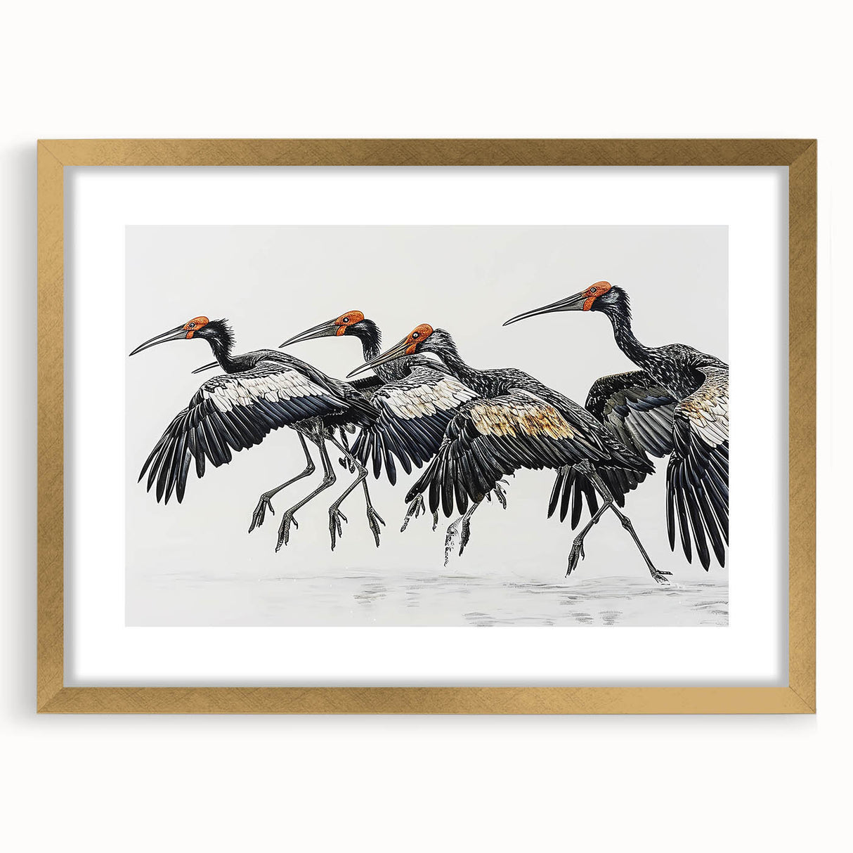 Tropical birds wall art collection featuring vibrant colors and intricate designs, framed with a gold mat for an elegant display, perfect for home decor.