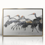Framed wall art featuring a vibrant tropical bird design with golden accents, showcasing colorful plumage against a sleek acrylic surface, ideal for home decor.