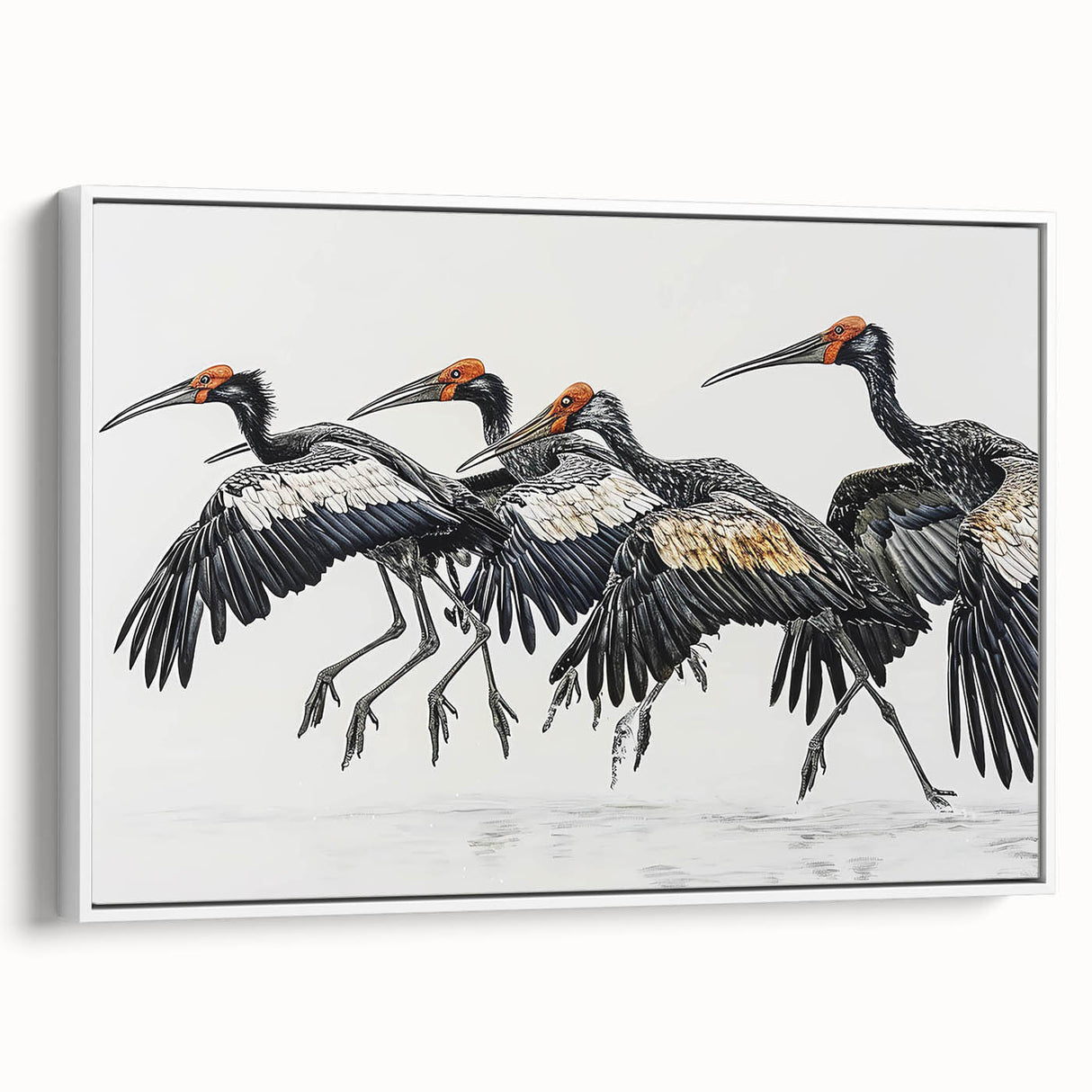 Framed tropical bird wall art canvas in a white frame, showcasing vibrant colors and intricate details, perfect for enhancing any home decor style.