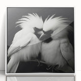 Framed wall art featuring an intricate tropical birds design, showcasing vibrant colors and detailed illustrations, elegantly displayed in a white frame with acrylic front.