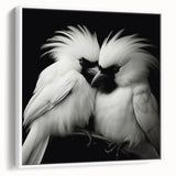 Framed canvas wall art showcasing a vibrant tropical birds design, featuring lush green foliage and colorful plumage, displayed against a white backdrop for a modern look.