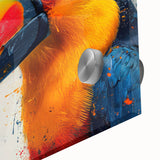 Vibrant close-up of a tropical birds design wall art piece, showcasing colorful avian illustrations against a modern acrylic glass background, perfect for enhancing interior decor.
