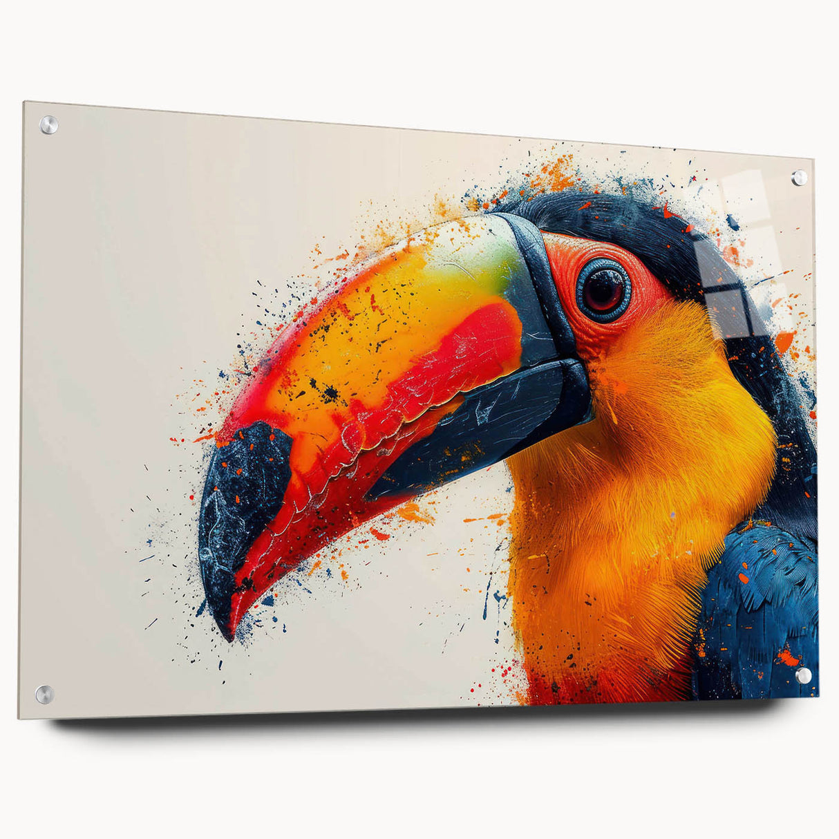 Tropical birds wall art collection displayed in a sleek acrylic frame, showcasing vibrant colors and intricate designs, perfect for any modern decor.
