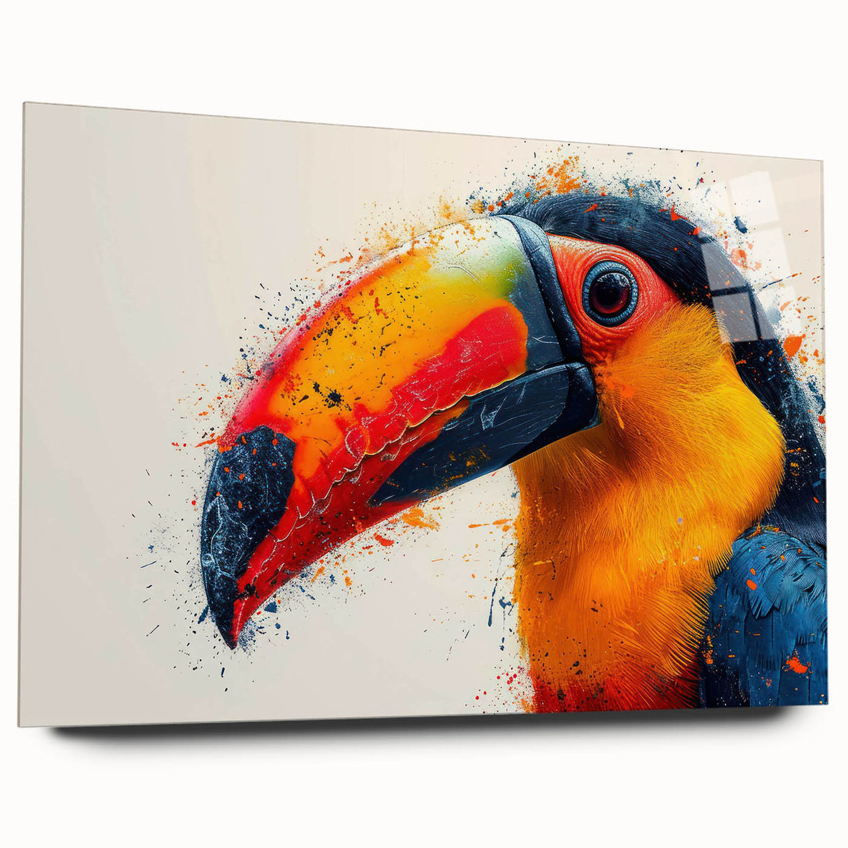 Vibrant tropical bird wall art design displayed on acrylic glass, showcasing vivid colors and intricate details, perfect for enhancing interior decor.
