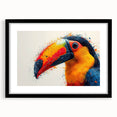 Tropical birds wall art design in a black frame with matting, showcasing vibrant colors and intricate details, perfect for enhancing interior decor.