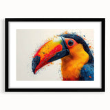 Tropical birds wall art design in a black frame with matting, showcasing vibrant colors and intricate details, perfect for enhancing interior decor.