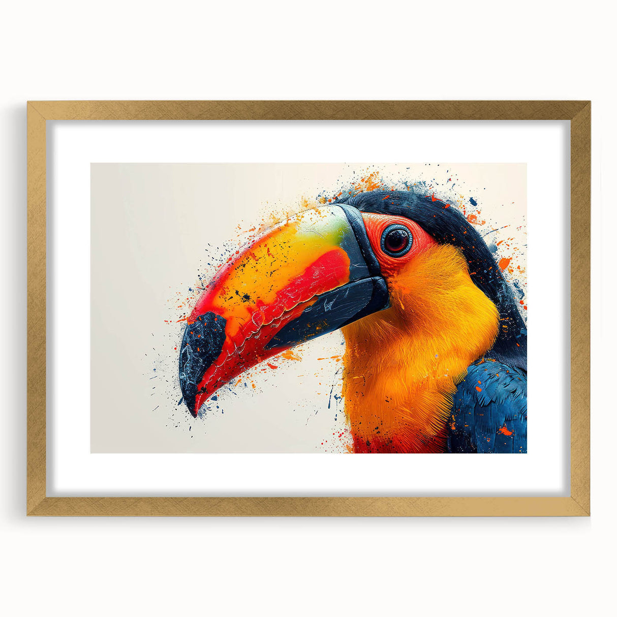 Tropical birds wall art collection in a gold frame with mat, showcasing vibrant colors and intricate designs, perfect for enhancing home decor.