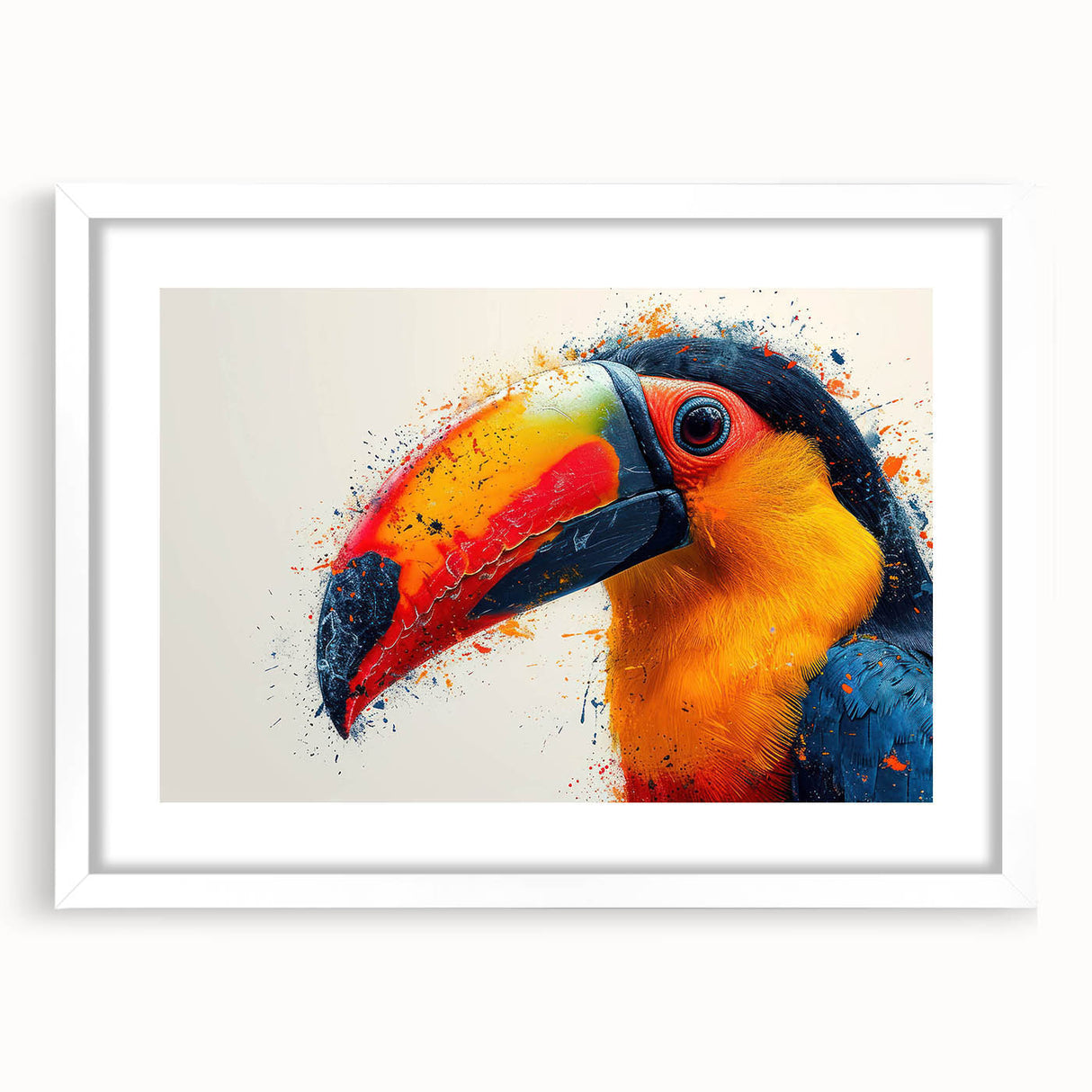Tropical birds wall art design in a white frame with mat, showcasing vibrant colors and intricate details, perfect for adding a lively touch to home decor.