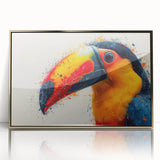 Framed wall art featuring a vibrant tropical birds design with a gold-acrylic finish, showcasing colorful avian illustrations against a sleek black background. Perfect for enhancing modern home decor.
