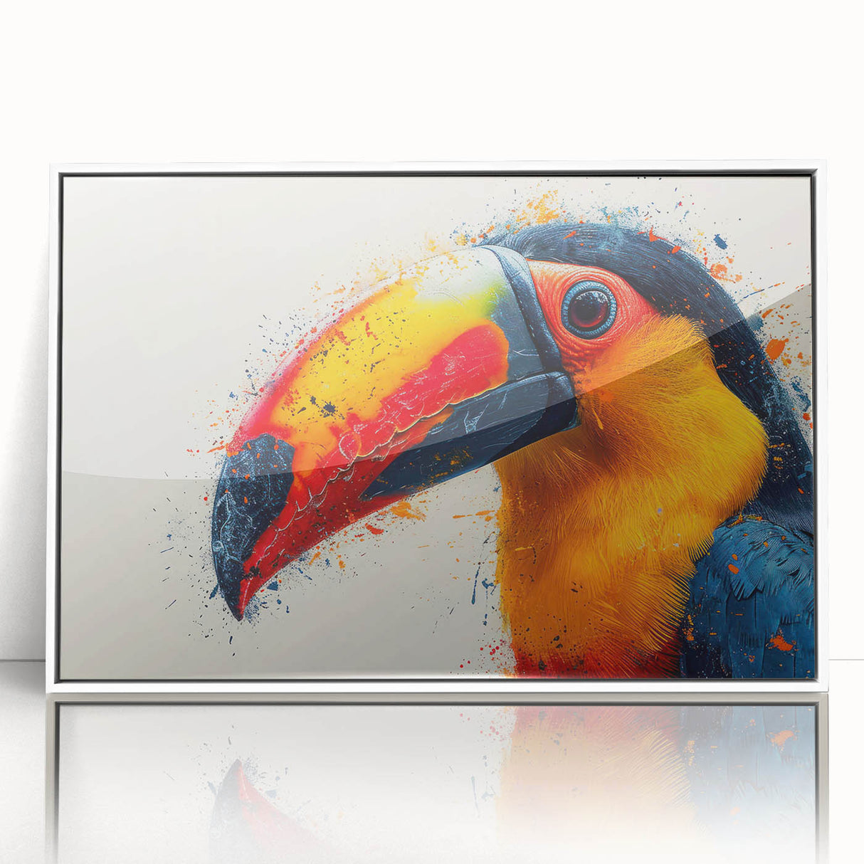 Framed tropical bird wall art design showcasing vibrant colors with a white frame, perfect for home decor or nature-themed interiors, emphasizing exotic avian beauty.