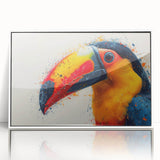 Framed tropical bird wall art design showcasing vibrant colors with a white frame, perfect for home decor or nature-themed interiors, emphasizing exotic avian beauty.