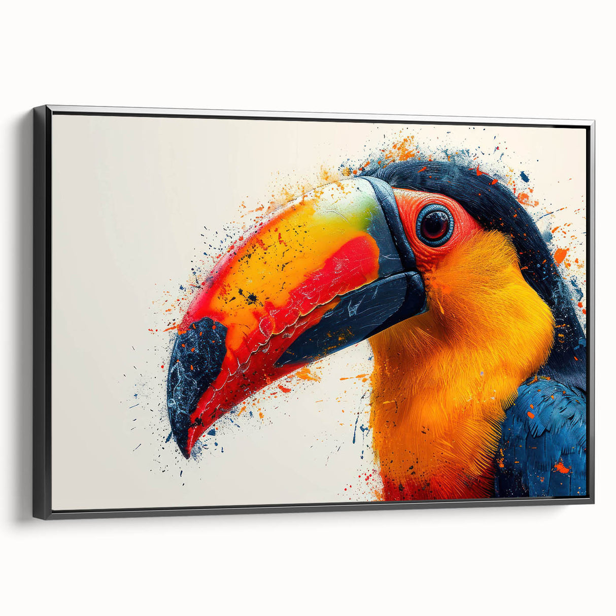 Framed canvas wall art showcasing a vibrant tropical bird design with a black frame, ideal for enhancing home decor in living spaces or offices. This stylish piece adds a touch of nature and color to any interior design.