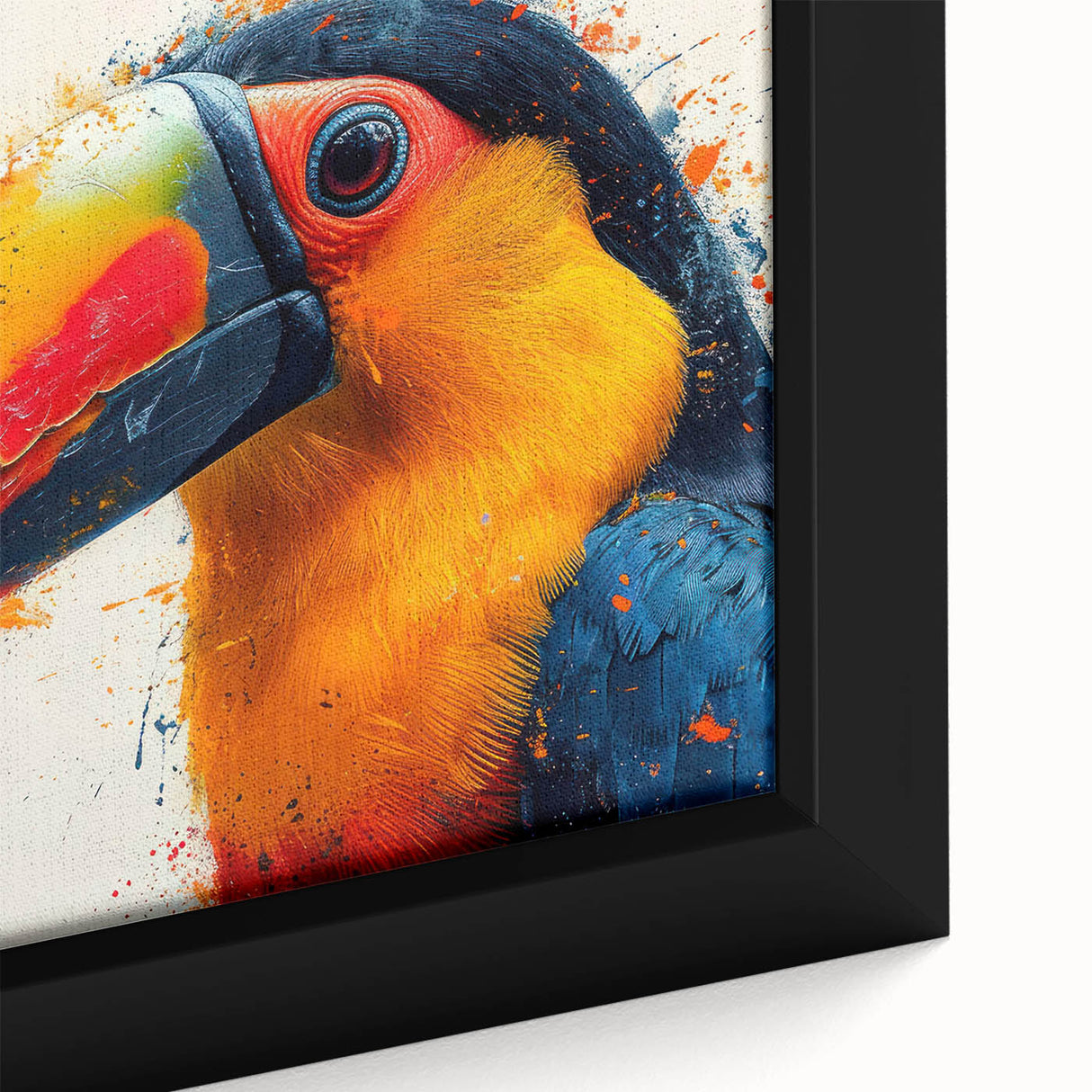 Framed wall art close-up showcasing a vibrant tropical bird design on textured canvas, featuring bright colors and intricate details, perfect for home decor.