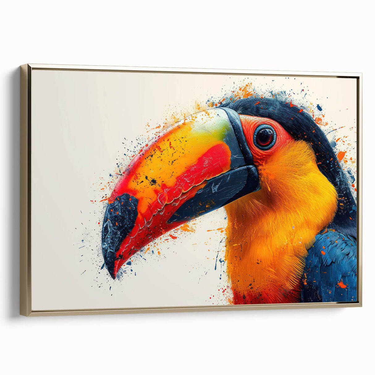 Framed wall art featuring a vibrant tropical bird design on canvas, showcasing a gold frame and side view, perfect for adding a touch of nature to home decor.