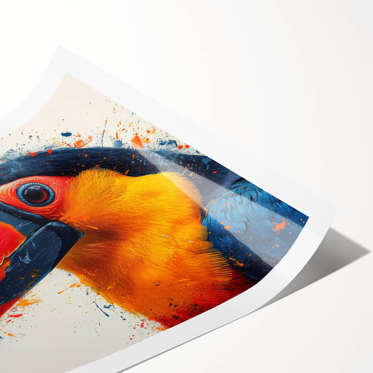 Colorful tropical birds wall art print showcasing vibrant hues of blue, green, and yellow, perfect for enhancing modern decor or nature-themed interiors.