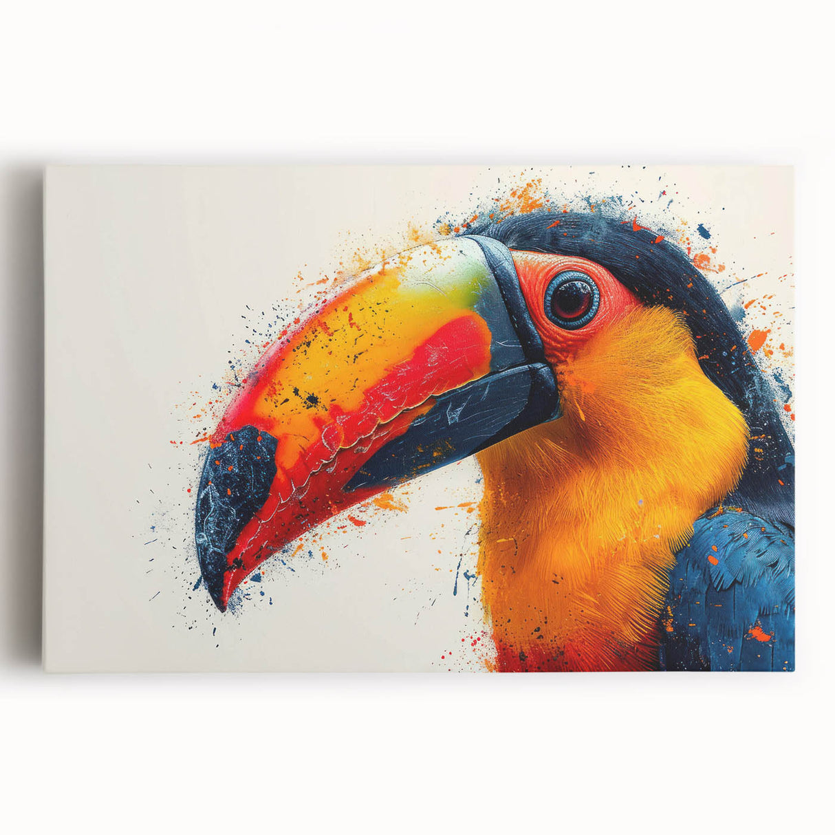 Tropical bird wall art collection on stretched canvas, showcasing vibrant colors and intricate designs in a front view display, perfect for home décor.
