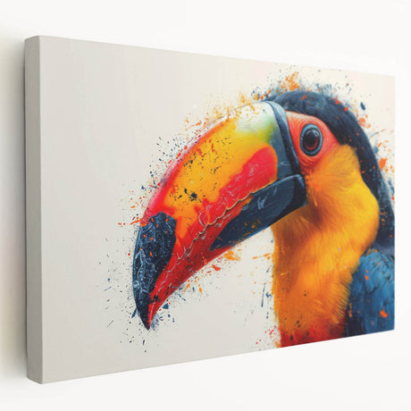 Tropical birds wall art print on stretched canvas showcasing vibrant colors and intricate designs, perfect for home decor or nature-inspired interiors.