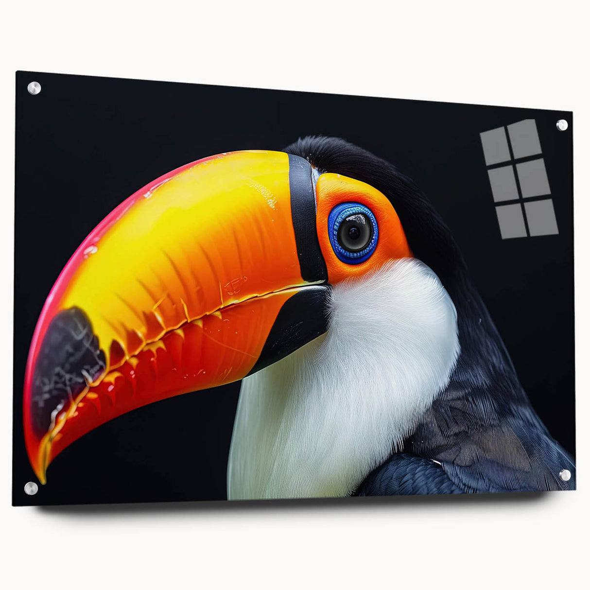 Vibrant tropical bird wall art design displayed in a sleek acrylic frame, showcasing colorful avian illustrations against a light backdrop, perfect for home decor enthusiasts.