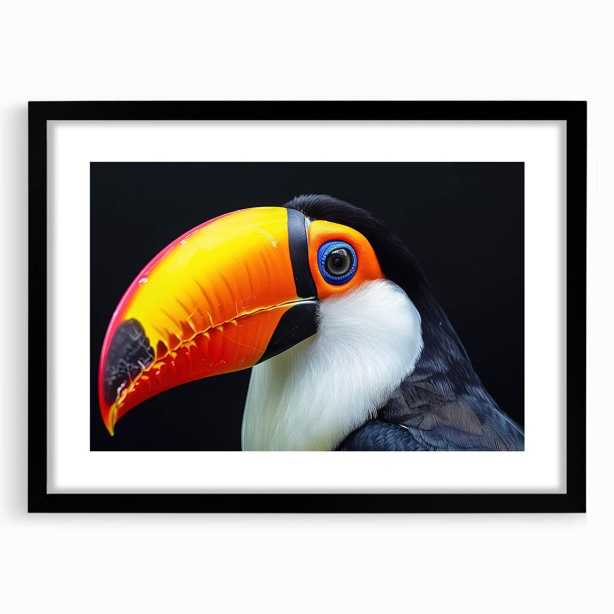 Tropical bird wall art framed in black with a mat, showcasing vibrant colors and intricate details; perfect for adding a lively touch to home decor.