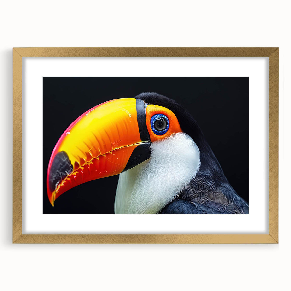 Tropical birds wall art collection in a gold frame with a mat, showcasing vibrant colors and intricate designs, ideal for enhancing home decor aesthetics.