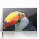 Framed tropical bird wall art featuring vibrant colors and intricate details, showcasing a modern design with a white frame, perfect for enhancing home decor.