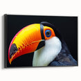 Framed canvas wall art showcasing a vibrant tropical birds design with a black frame, highlighting colorful avian illustrations against a lush backdrop, ideal for home decor.