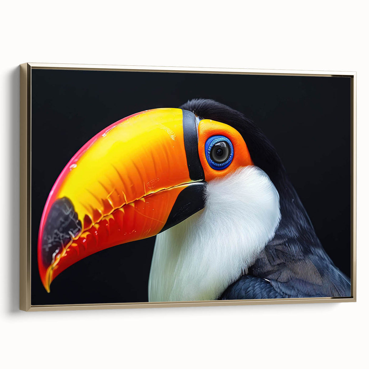 Framed wall art featuring a vibrant tropical bird design with a gold frame, set against a light background, perfect for adding a touch of nature to home decor.