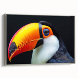 Framed canvas wall art featuring vibrant tropical birds design with a silver frame, showcasing intricate details and bright colors against a light background.