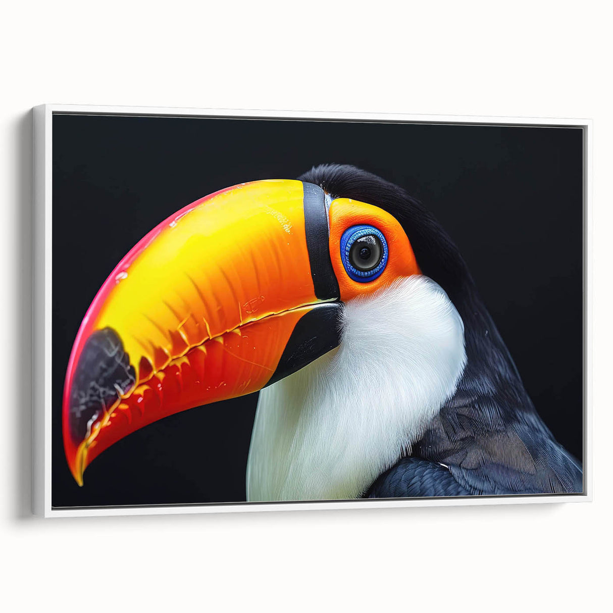 Framed wall art featuring a vibrant tropical bird design on canvas, showcasing vivid colors and intricate details, ideal for adding a lively touch to home decor.