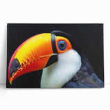 Vibrant tropical birds design on stretched canvas wall art, showcasing colorful feathers and lush greenery, perfect for home decor and nature enthusiasts.