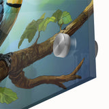 Vibrant tropical bird wall art collection featuring colorful birds against a lush green background, printed on acrylic glass for a striking visual impact, perfect for home decor.