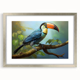 Tropical bird-themed wall art collection framed with a silver mat, showcasing vibrant colors and intricate designs, perfect for enhancing home decor.
