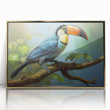 Framed acrylic wall art showcasing a vibrant tropical bird design with gold accents, perfect for brightening up any living space or office decor.