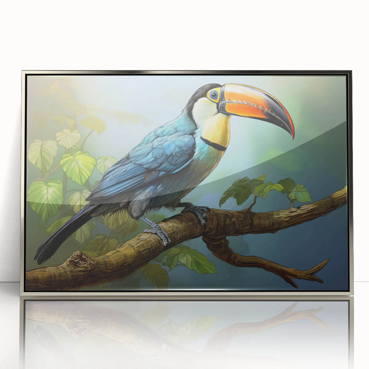 Framed tropical birds wall art collection showcasing vibrant colors and intricate designs, set in a sleek silver frame, perfect for enhancing modern decor.