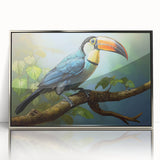 Framed tropical birds wall art collection showcasing vibrant colors and intricate designs, set in a sleek silver frame, perfect for enhancing modern decor.