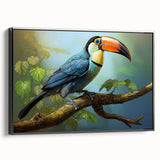 Framed canvas wall art showcasing a vibrant tropical bird design on a black background, perfect for adding a splash of color to any room. Ideal for nature lovers and home decor enthusiasts.
