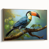 Framed tropical birds wall art collection showcasing vibrant colors and intricate designs, featuring gold accents and a chic side view, perfect for home decor.