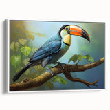 Tropical bird-themed framed canvas wall art showcasing vibrant colors and intricate designs, perfect for enhancing modern home decor with a nature-inspired aesthetic.