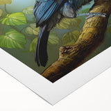 Tropical birds wall art design on rolled canvas, showcasing vibrant colors and intricate details, ideal for home decor or artistic displays. The artwork features various species of birds set against a lush background, perfect for nature-themed interiors.