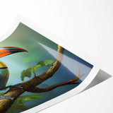 Vibrant rolled print of tropical birds wall art collection showcasing colorful parrots and exotic flora, perfect for home decor or nature-themed spaces.