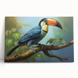 Tropical bird-themed wall art collection on stretched canvas, showcasing vibrant colors and detailed designs, leaning against a neutral background. Perfect for adding a lively touch to home decor.
