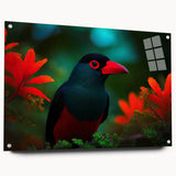 Acrylic glass wall art featuring a vibrant tropical bird design, showcasing bright colors and intricate details, mounted with stylish pins for an elegant display. Perfect for adding a lively touch to home decor.