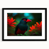 Tropical wall art collection featuring vibrant birds in a black frame with matting, showcasing a colorful design perfect for enhancing interior decor.