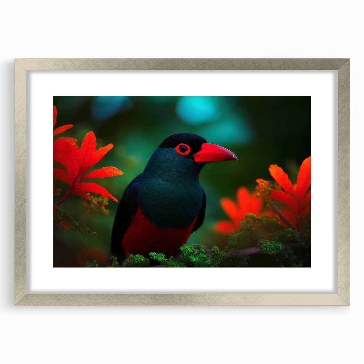 Tropical birds wall art collection framed in silver with a mat, showcasing vibrant colors and intricate designs, perfect for enhancing home decor. Ideal for bird lovers and nature enthusiasts.