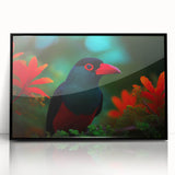 Framed wall art showcasing a vibrant tropical birds design on acrylic, featuring a sleek black frame, perfect for adding color to modern decor.